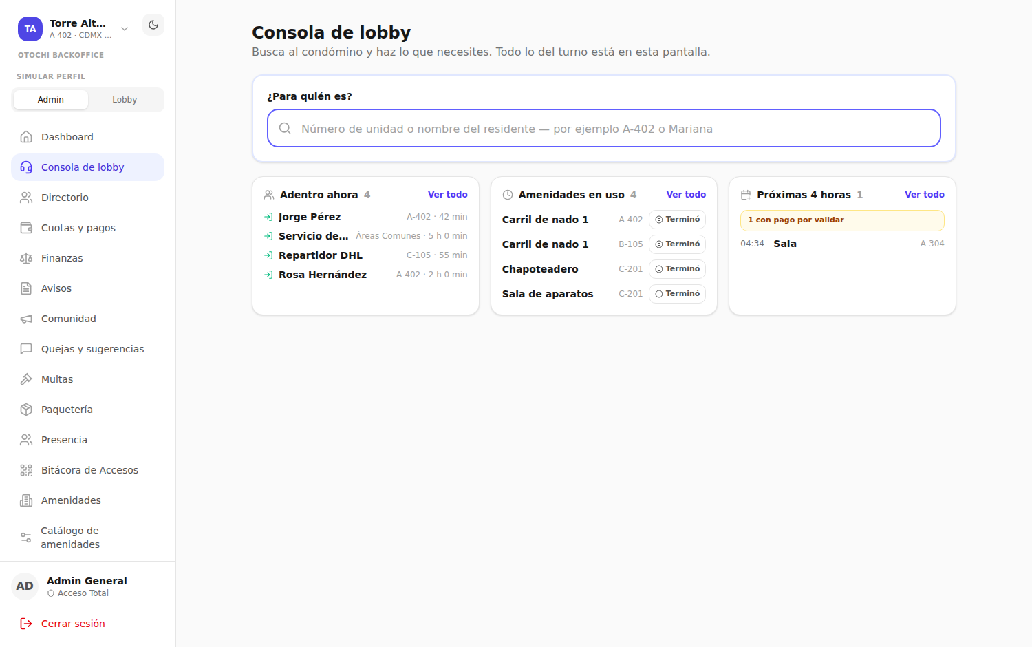 Gestión del lobby en el backoffice