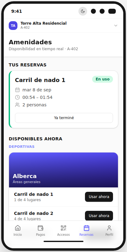 Reserva de amenidades desde la app