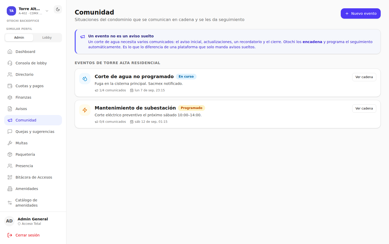 Cadena de comunicados y comunidad en Otochi