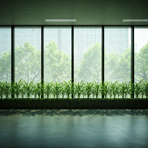 Interior de oficina moderna bañada en luz natural con ventanales grandes y plantas verdes, transmitiendo optimismo y transparencia profesional